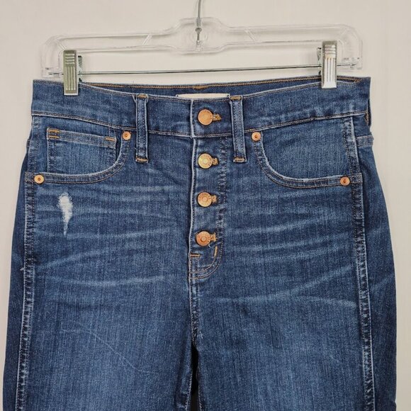 MADEWELL High Rise Jeans MEDIUM WASH BLUE size 27 Button Fly Skinny Distressed - Picture 3 of 10